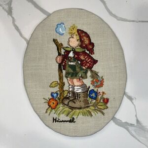 Finished Crewel Embroidery Hummel Flower Boy Peasant Completed Oval